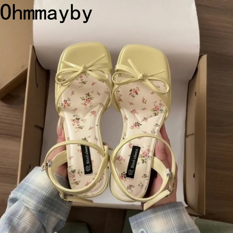 New Summer Butterfly-knot Thick Heel Women Sandals Fashion Floral Ankle Strap Shoes Ladies Outdoor Dress Gladiator Sandalias
