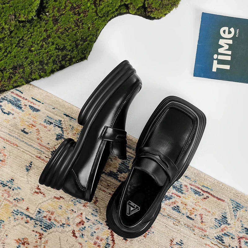 Men Zipper Patent Leather Increase Loafers Shoe Japan Korean Streetwear Fashion Thick Sole Platform Vintage Style Leather Shoes