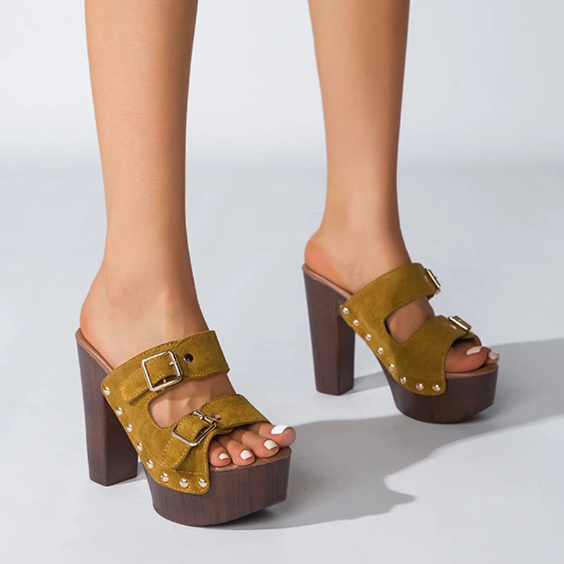 Super High Heels Women Platform Sandals Chunky Wooden Heeled Slippers Rivet Buckle Strap Shoes Ladies Summer Peep Toe Sandalias