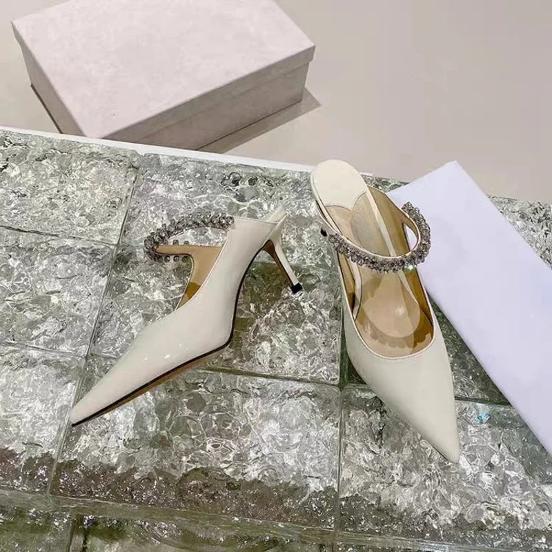 2026 New Fashionable Fine Heeled Muller Shoes with Pointed Water Diamond Chain Banquet Shallow Mouth Women's High Heel Sandals