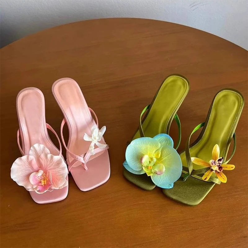 Hawaii Asymmetrical Flower Sandals,Silk Fairy Clip Toe Thin Heels,Women Beach Vacation Flip Flop Sandal,2025 Summer Dress Shoes