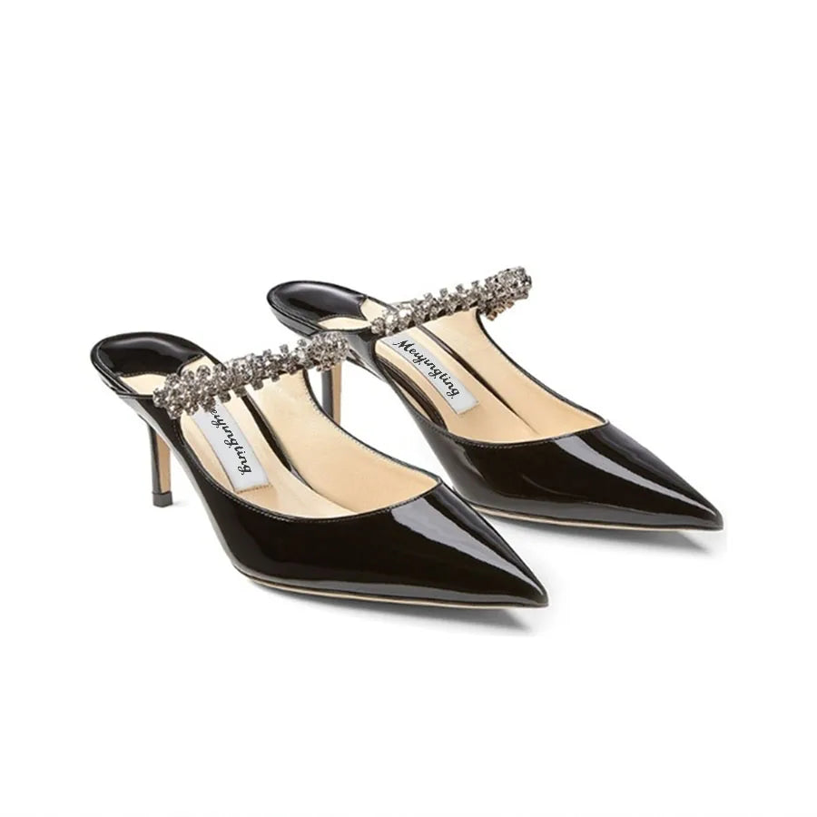 Elegant Leather Mules Pointed Toe Stylish Rhinestone Embellished High Heel Sandals Sophisticated Party Evening Shoes Footwear