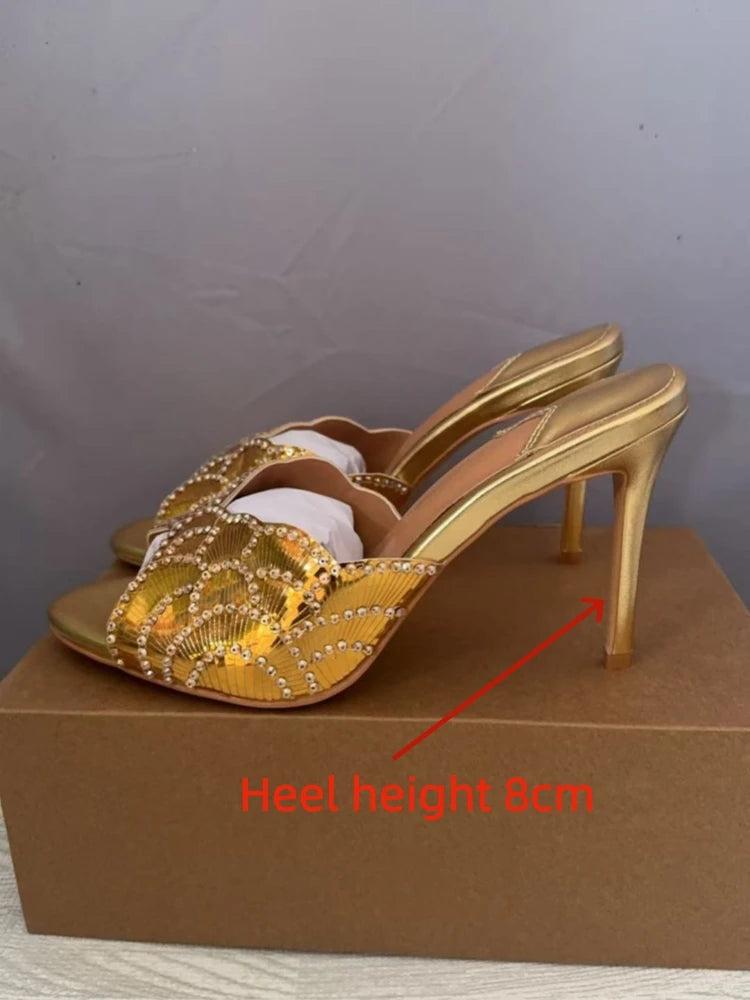 2026 New Gold Pineapple Sexy Rhinestone Fine High Heel Sandals Women's Outdoor Wear Glamorous Lady Executive Plus Size Slippers