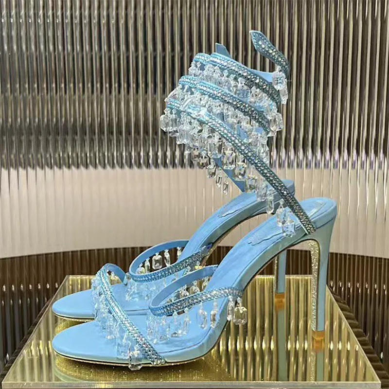 Luxury High Heels Sandals Women Crystal Pendant Snake Twine Around Ankle Strap Wedding Shoes Summer Bohemian Sandals Woman