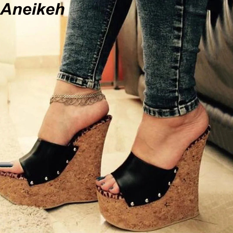 Aneikeh 2025 Summer Fashion Open Toe Sandals Platform Super High Heels Slip-on Metal Rivet Sandals Rome Party Women Mules black