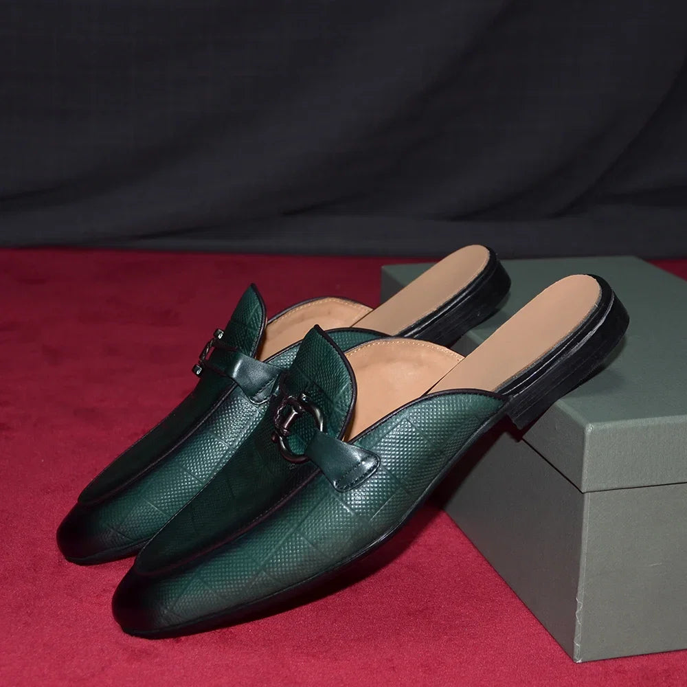 Men's Buckle Mule Slip on Backless Loafer Slides Classic Dressy Flat Sandals Checkerboard Genuine Leather Closed Toe Half Shoes