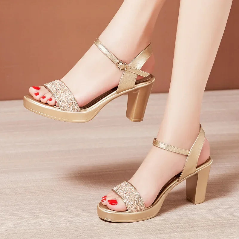 Maogu Block High Heels Wedding Shoes Silver Gold 203 Elegant Ladies Shoe Summer Bling Chunky Platform Sandals Women Size 32 43