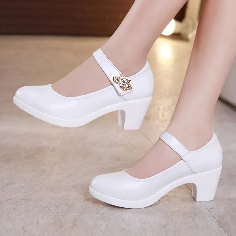5cm Small Size 32-43 Shallow Crystal White Wedding Shoes Bride Platform Pumps 2026 Med Block Heels Mary Janes Office Mom Party