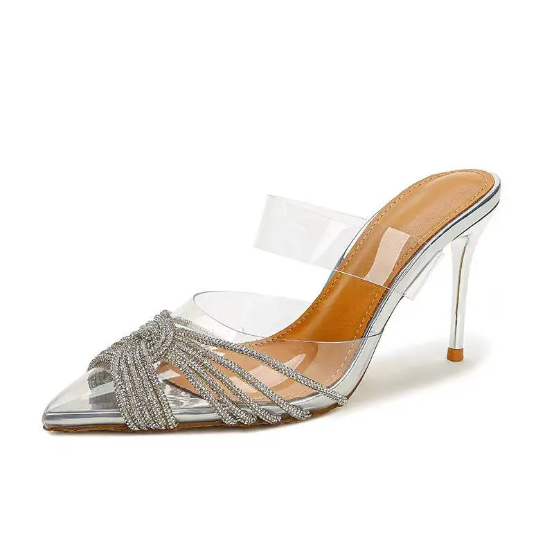Rhinestone Sandals Women High Heels Summer Sexy Pointed Rear loop strap Stiletto Wedding Shoes Bride Small Size 34-40