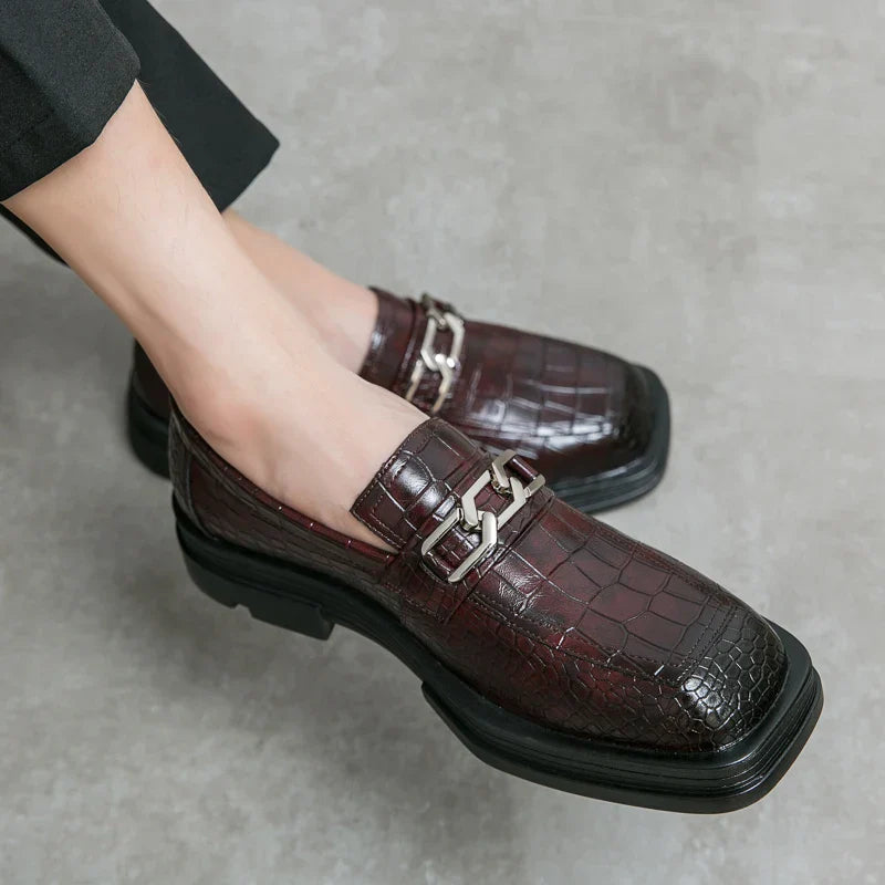 Fashionable Dress Loafers For Men, Crocodile Embossed Chain Decor Slip-on Dress Shoes
