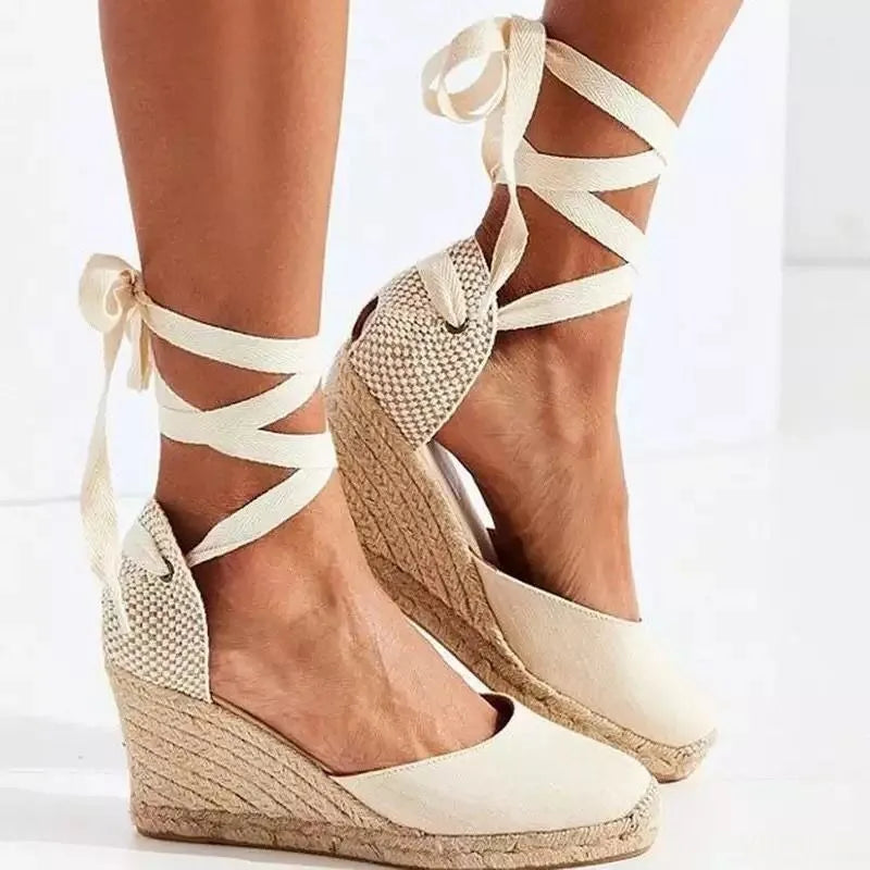 2026 New Large Slope Heel Women's Sandals Thick Bottom Baotou Bag with Foot Ring Strap Cloth Surface Hemp Rope Sandals for Women