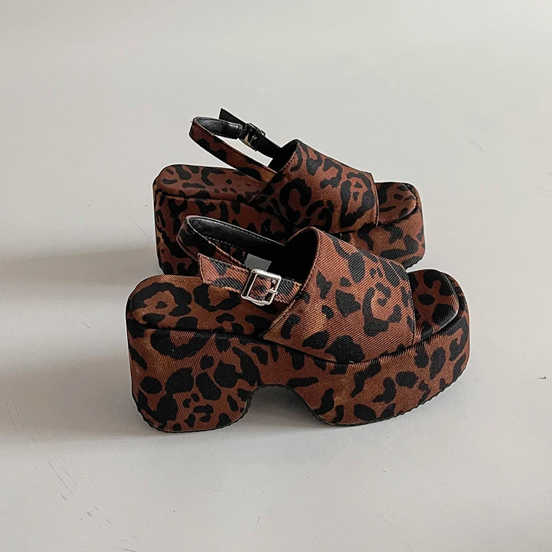 Summer Fashion Leopard Print Open Toe Sandals Women Punk Style Platform Wedges Heels Party Shoes