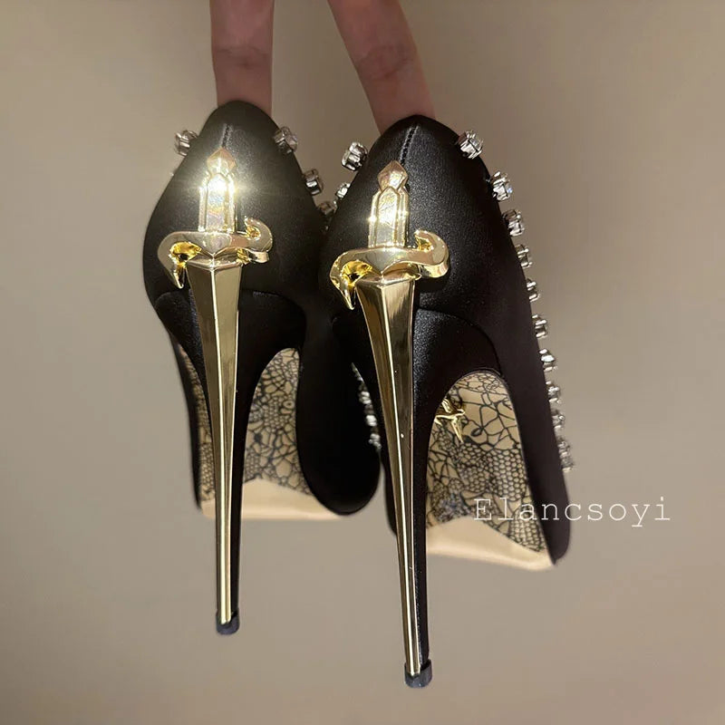 Women Pumps Real Leather Metal Sword Pointed Toe High Heel Shallow Mouth Thin Heel Single Shoes Spring Autumn Sexy Runway Shoes