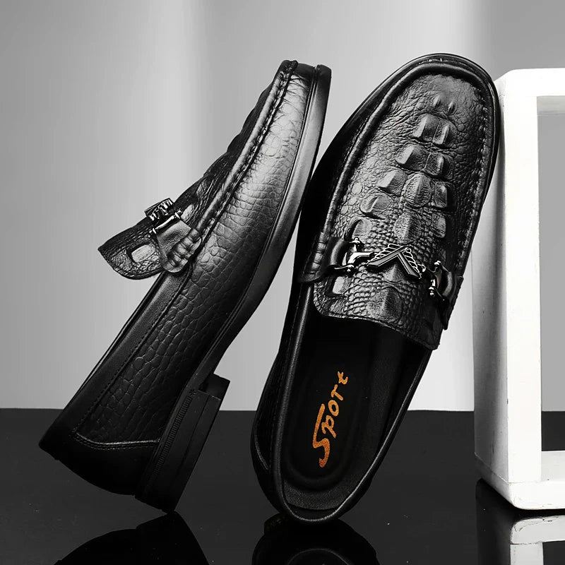 High Quality Round Toe Breathable Loafers Fashionable Brand Men's Comfortable Crocodile Patterned Casual Cowhide and Bean Shoes