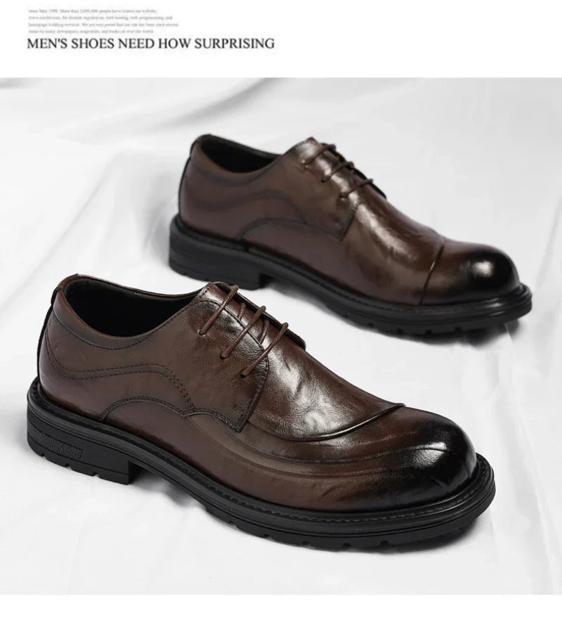 Brown Burnished Genuine Leather Lace Up Chunky Sole Formal Business Office Groom Wedding Daily Wear Shoes Fashion Comfortable