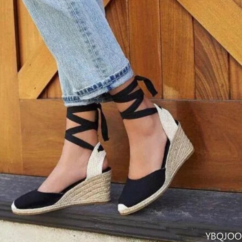 2026 New Large Slope Heel Women's Sandals Thick Bottom Baotou Bag with Foot Ring Strap Cloth Surface Hemp Rope Sandals for Women