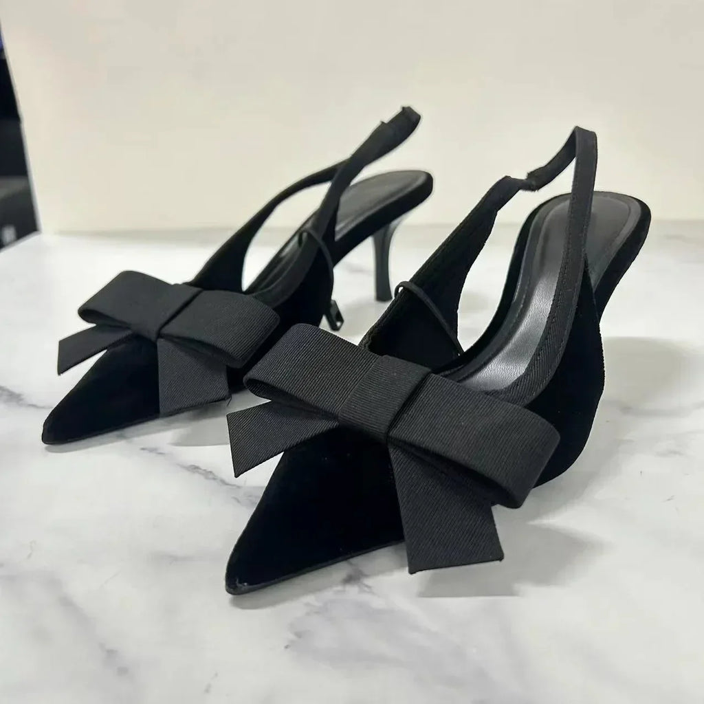 Black Velvet Butterfly-knot Designer Heeled Sandals Women Sexy Pointed Toe Slingbacks Women Pumps Elegant Party Dress High Heels