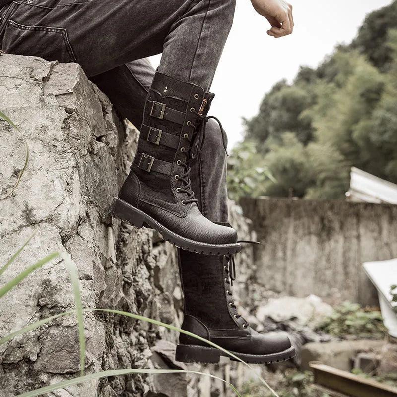 Men's Cowboy Boots High Top Inner Heightening Shoes High Breathable Boots Plus Size Shoes Casual Sneakers Motorcycle Boots