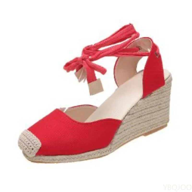 2026 New Large Slope Heel Women's Sandals Thick Bottom Baotou Bag with Foot Ring Strap Cloth Surface Hemp Rope Sandals for Women