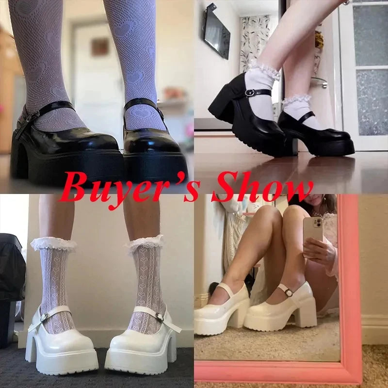 Black Super High Heels Mary Jane Shoes Women 2026 Goth Chunky Platform Pumps Woman Plus Size Ankle Buckle Party Lolita Shoes 42