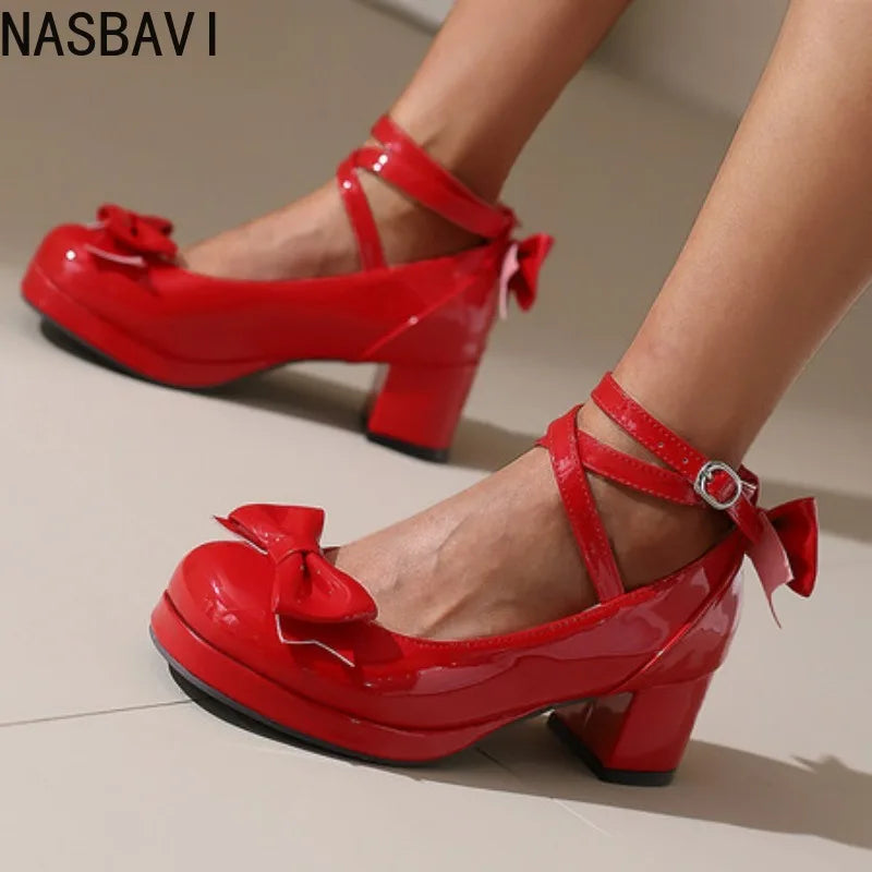 NASBAVI Lolita Platform High Heels Cross Strap Mary Jane Pumps Sweet Bow Women Shoes Purple Ladies Princess Thick Heel Shoes