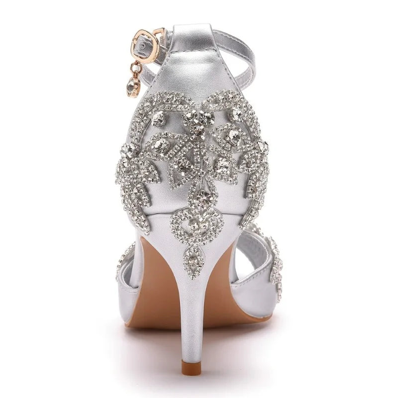 Quality Women Sandals Female Rhinestone PU 7CM Thin Heels Buckle Strap Korean Style Women's Shoes Dress Sky Blue Mature