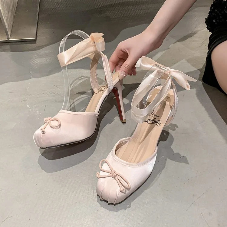 Balck Stain Lace Up Ballet Shoes Girl Pink Square Toe Bow Tie Stiletto Heel Ankle Strap Slingback Elegant Summer Sexy Pumps