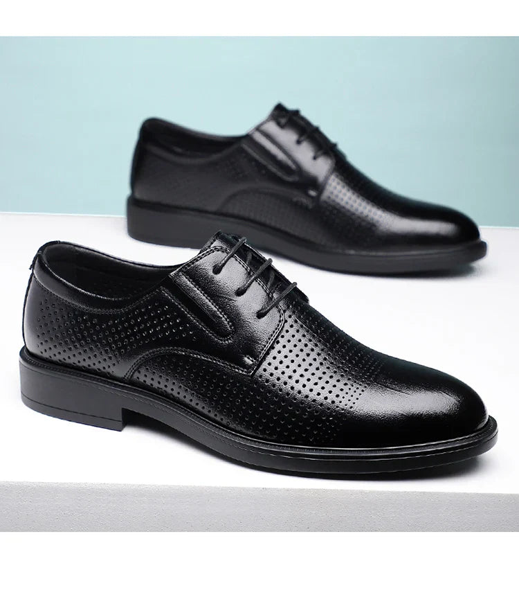 Men's Summer Breathable Leather Shoes British Style Comfortable Soft Business Formal Derby Shoes Hollow out Design-SJ6607-1