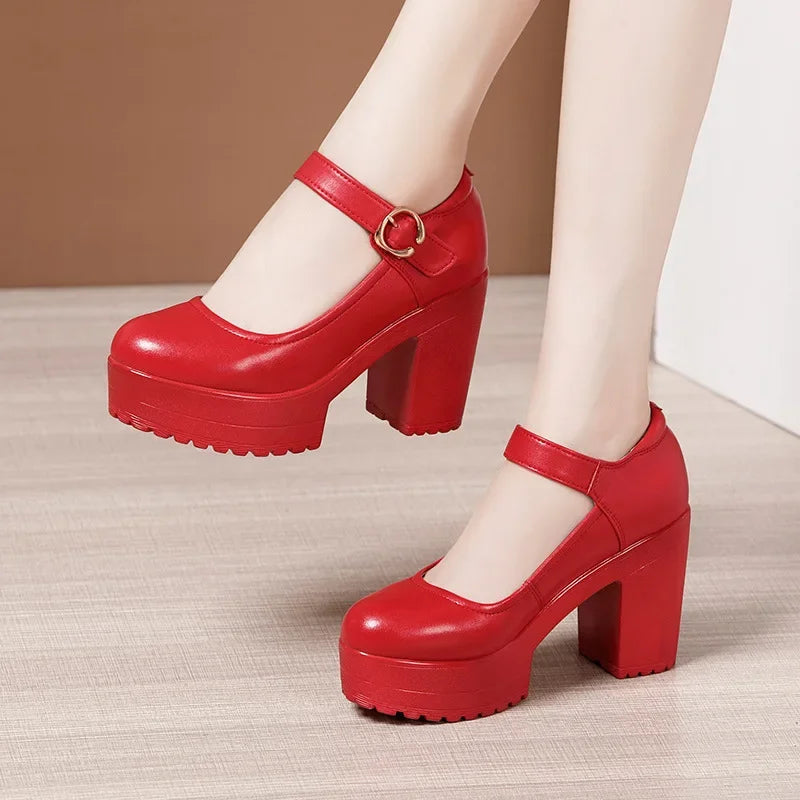 6 8 10cm Small Size 32-43 Shallow Thick Bottom Genuine Leather Shoes Platform Pumps 2026 Block High Heels Shoes Office Model