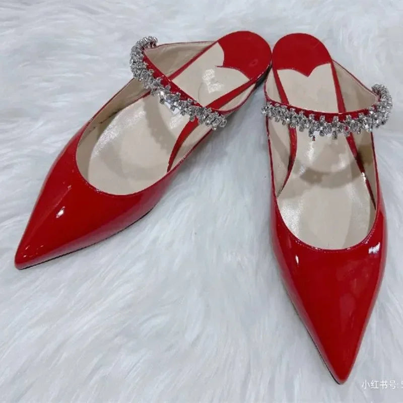 2026 New Fashionable Fine Heeled Muller Shoes with Pointed Water Diamond Chain Banquet Shallow Mouth Women's High Heel Sandals
