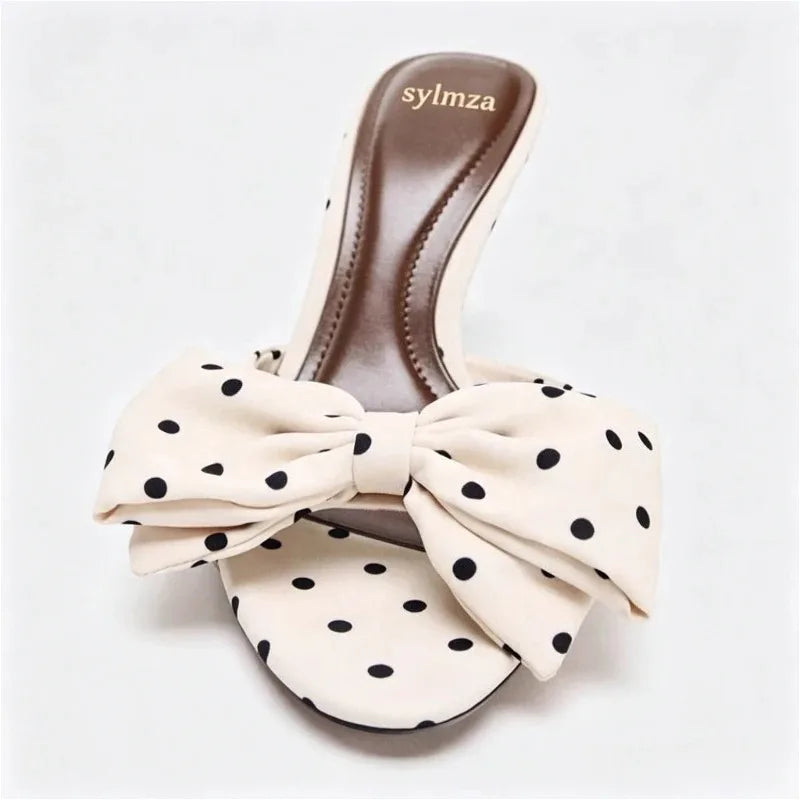 Satin Polka Dot Butterfly Knot Decorative Heeled Sandals Women Sexy Open-Toe Slide Sandals Summer Elegant Stiletto Heel Slippers