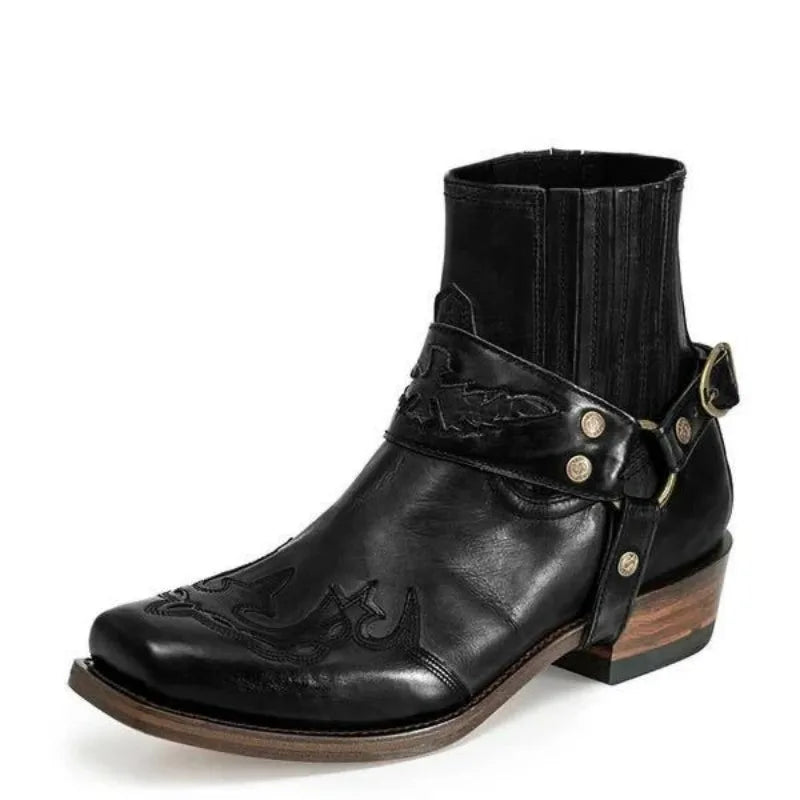 Men Western Cowboy Boots Square Toe Ankle Boots Retro Embroidery Men's Boots Outdoor Leather Boot Plus Size Buckle Casual Shoes