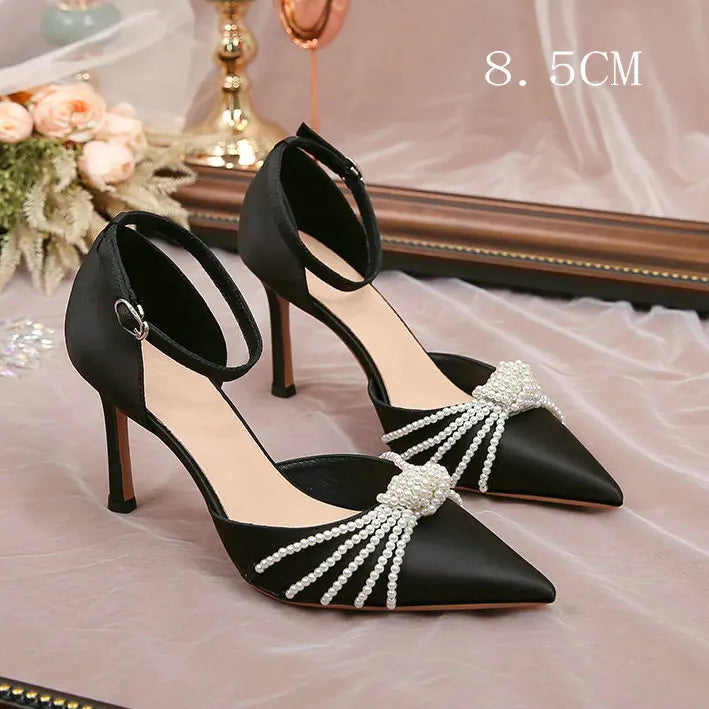 2026 New String Bead Pumps Pointed Thin Heels White Wedding Shoes Bridesmaid High Heels Sexy Satin Single Shoes