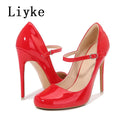 Liyke Big Size 44 45 46 Patent Leather Stiletto High Heels For Ladies Party Prom Shoe Fashion Round Toe Buckle Strap Women Pumps
