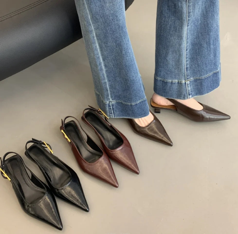 2025 Summer New Women Sandal Fashion Pointed Toe Shallow Slip on Ladies Elegant Slingback Shoes Thin Med Heel Dress Mules Pumps