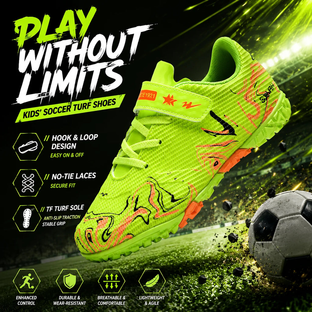 Double Star Children's Football Shoes, Velcro Without Tie Straps, TF Sole Nail Anti Slip Grip, Elementary School Football Shoes