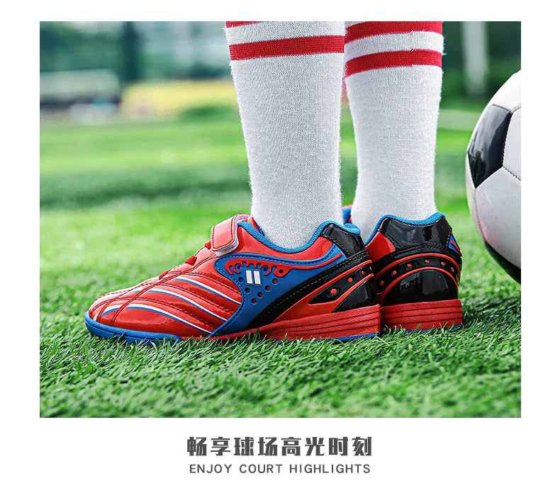 Fashion Gold Children's Football Shoes Outdoor Non-slip Turf Soccer Shoes Kids HOOK&LOOP Low-cut Sports Sneakers Child Trainers