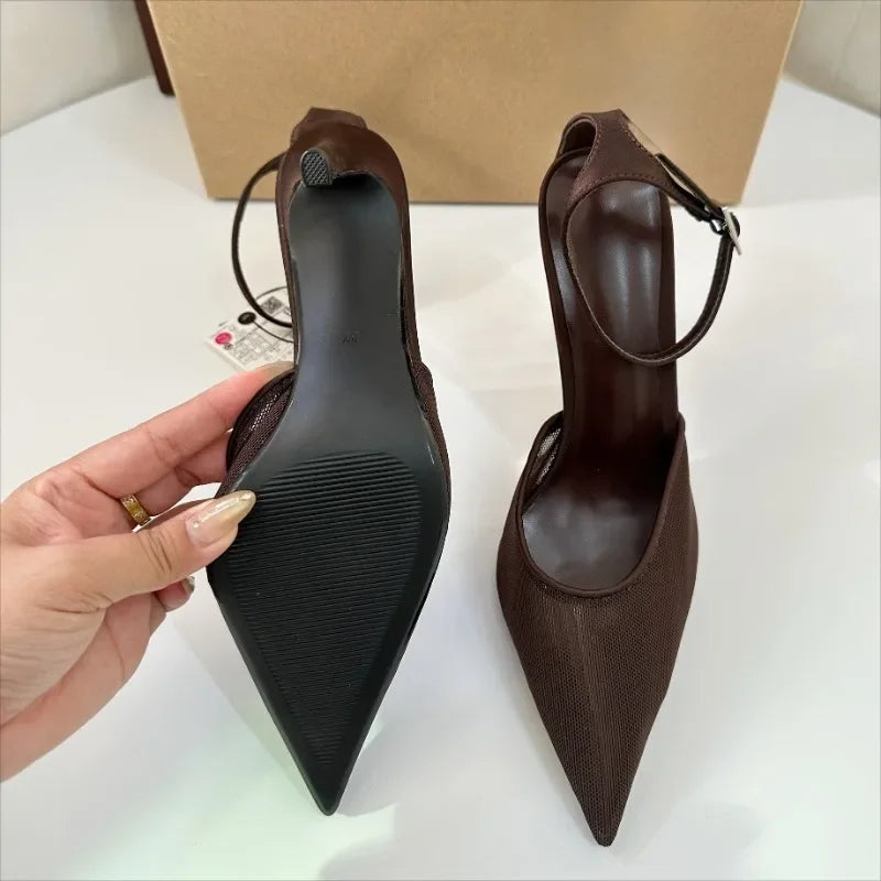 Spring Sexy Ankle Strap Pointed Toe Pumps Woman Sandals Brown Mesh Stiletto Heels Design Ladies Dress Party Shoes