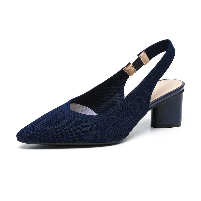 Sandals for Women Heels Knitted Rear Empty Strap Fashion Sandals Pointed Head Shallow Mouth Side Empty Daily Thick Heel Sandals