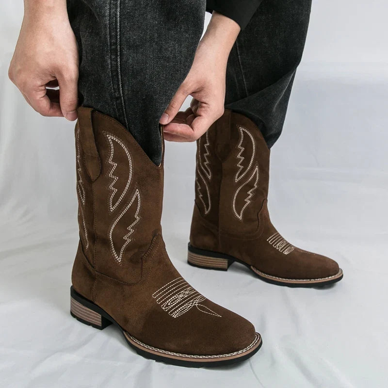 New Western Men's Cowboy Boots Vintage Mid-calf Motorcycle Boots Fashion Suede Leather Men's Boots Outdoor Casual Riding Boots