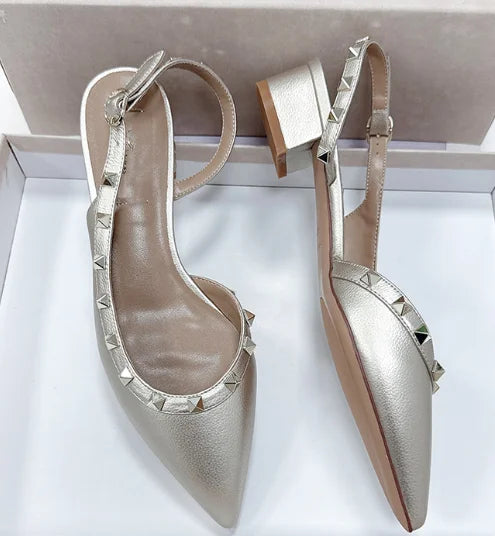 Women Real Leather Shiny Back Buckle Strap Fashionable Sandals European And American Style Trendy Shoes Closed Toe Gold Studs 42