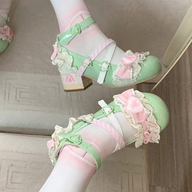 Sweet Girls Lolita High Heels Shoes ,Young Women Students Cute Lace Strawberry Bowknots Ankle Strap Mary Janes