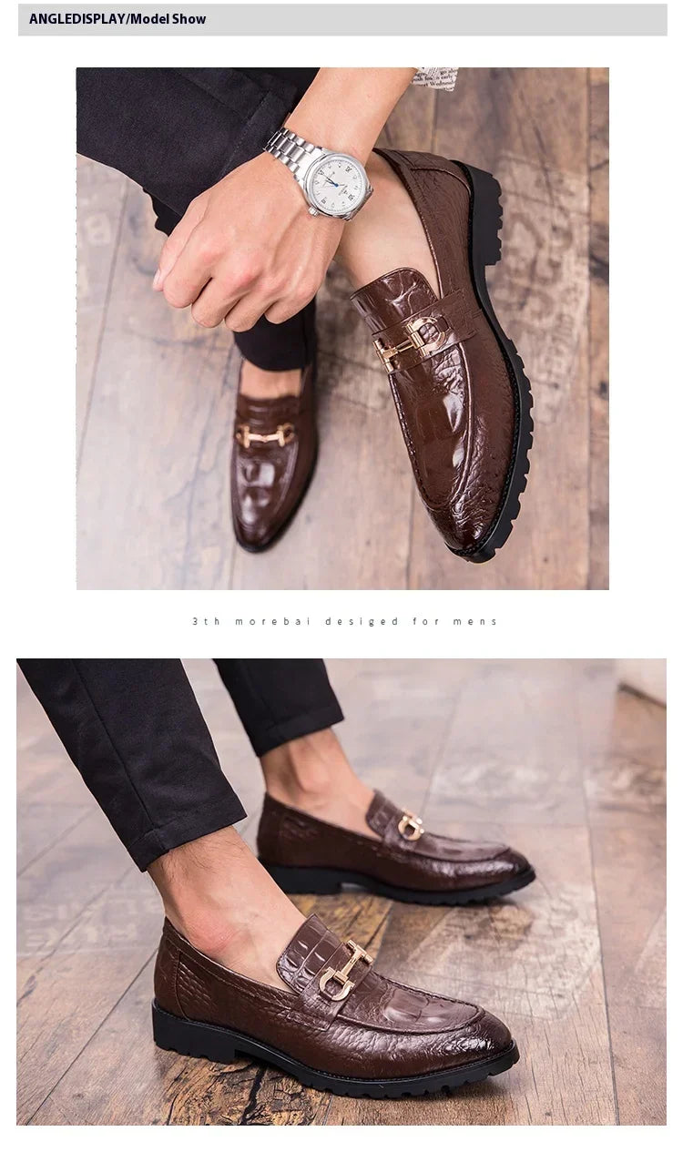 New British business casual shoes nightclub formal pointy leather shoes for men 46 47 large size crocodile metal decoration