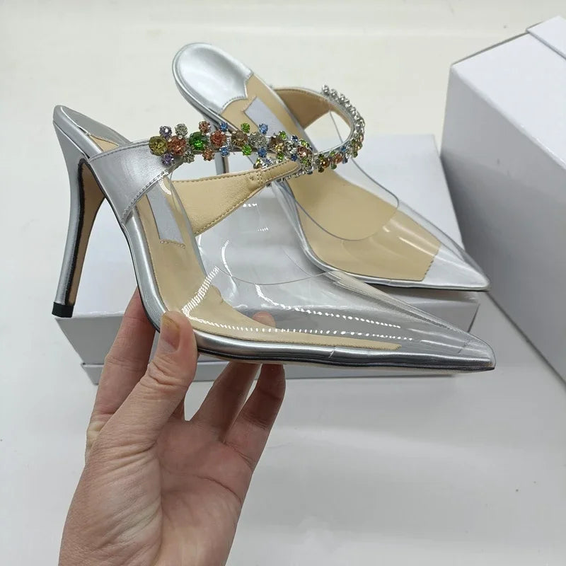 2025 Summer New Pointed High Heels Women's Muller Shoes Transparent Water Diamond Sexy Fashion Thin Heel Women's Sandals