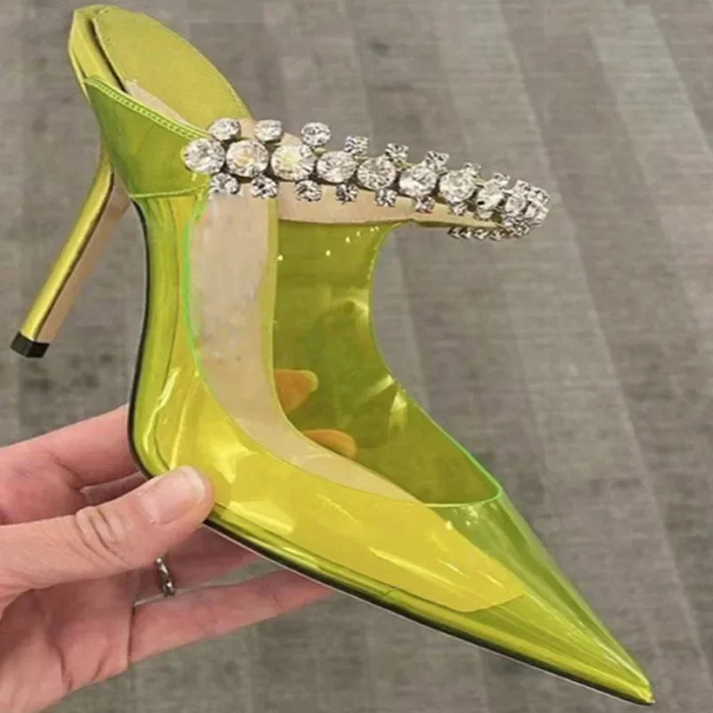 2025 Summer New Pointed High Heels Women's Muller Shoes Transparent Water Diamond Sexy Fashion Thin Heel Women's Sandals