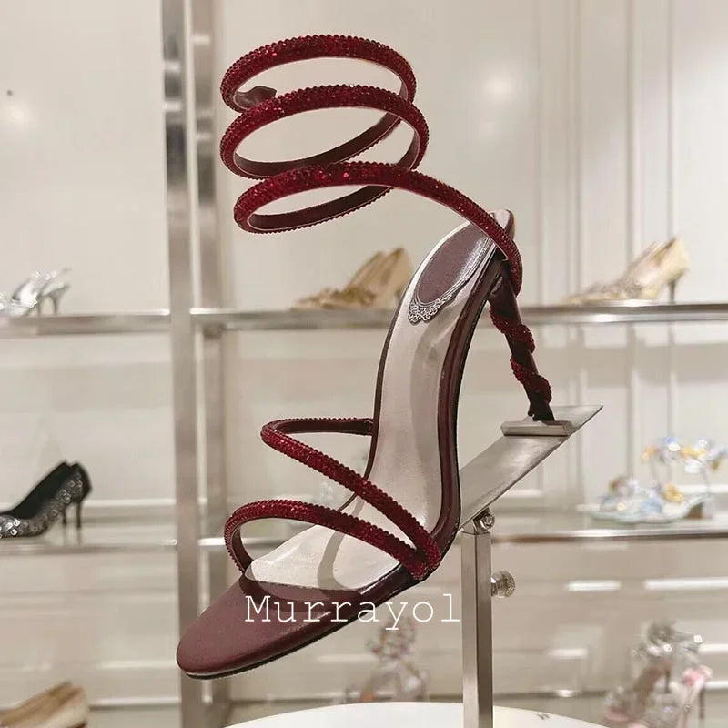 Glitter Crystal Decor High Thin Heels Sandals Women Shiny Snake Shaped Elastic Strap Design Sandalias Summer Party Dress Shoes