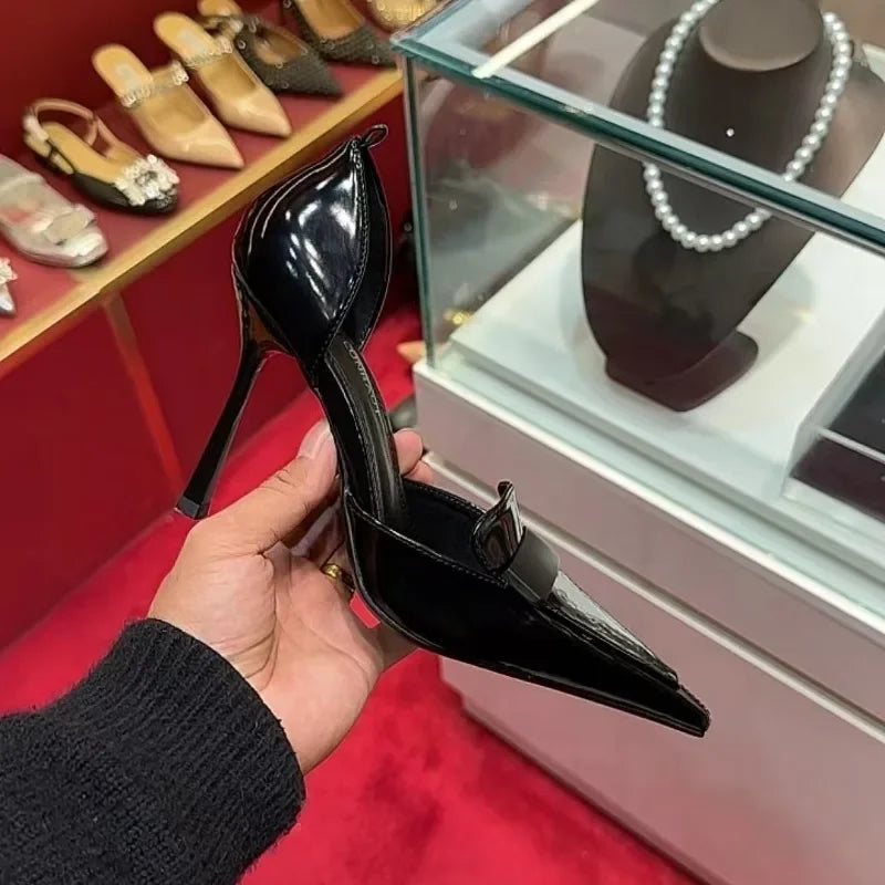Women's Fashion Pointed Head Shallow Mouth Metal Buckle Non-slip Single Shoes Summer New Patent Leather High Heels