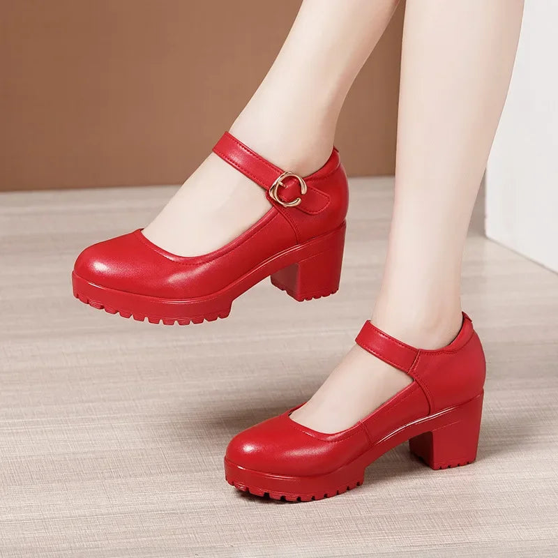 6 8 10cm Small Size 32-43 Shallow Thick Bottom Genuine Leather Shoes Platform Pumps 2026 Block High Heels Shoes Office Model