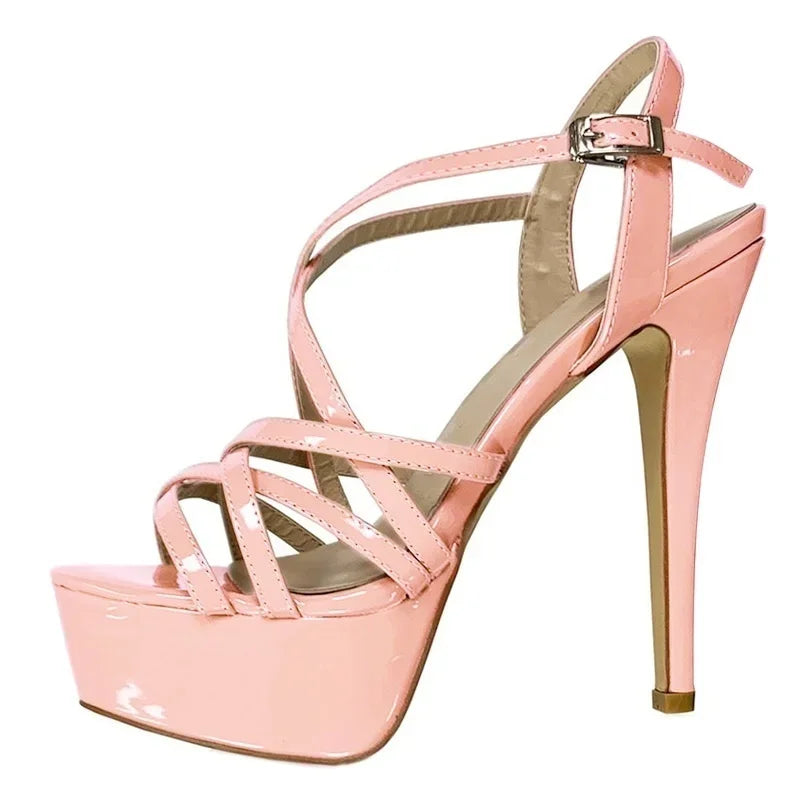 Women Sandals 14CM Super Sexy Platform High Heels Ankle Strap Sandals Open Toe Sanke Gladiator Party Dress Red Wedding Shoes