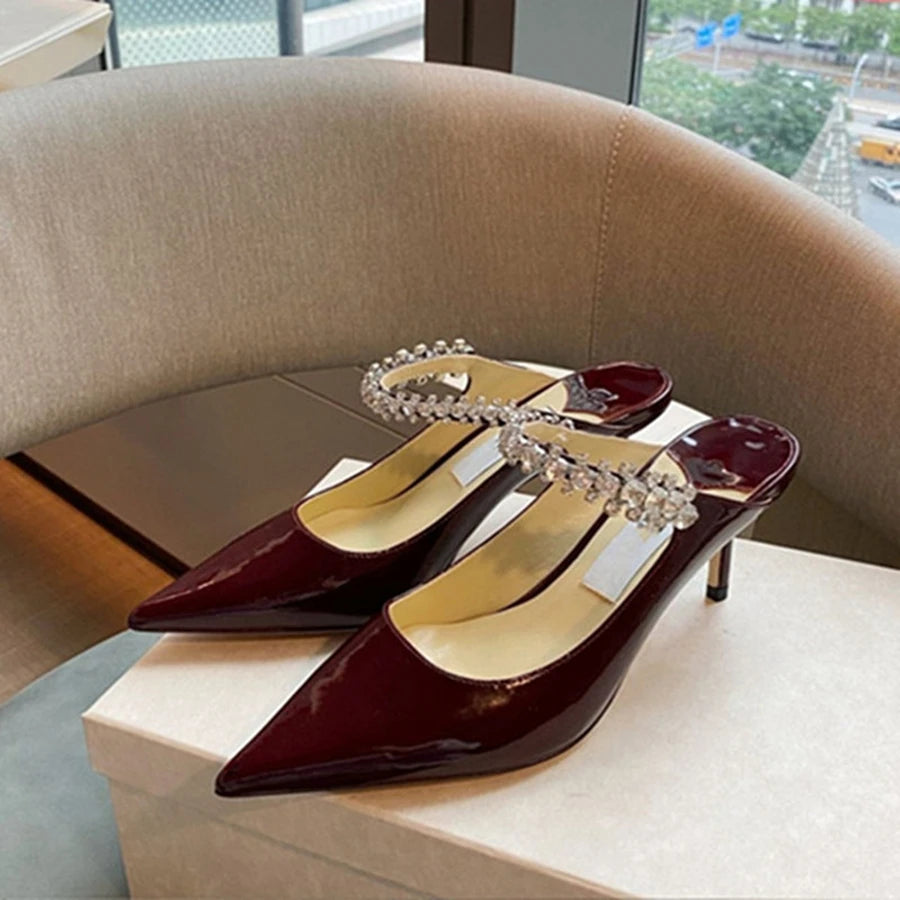 Elegant Leather Mules Pointed Toe Stylish Rhinestone Embellished High Heel Sandals Sophisticated Party Evening Shoes Footwear
